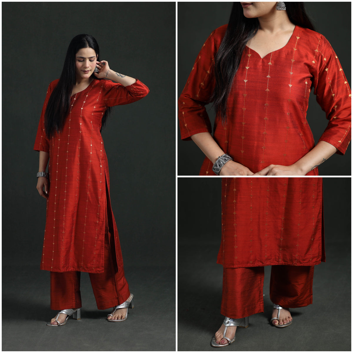Spun Dupion Viscose Silk Zari Buti Straight Kurta with Palazzo Set for women 03