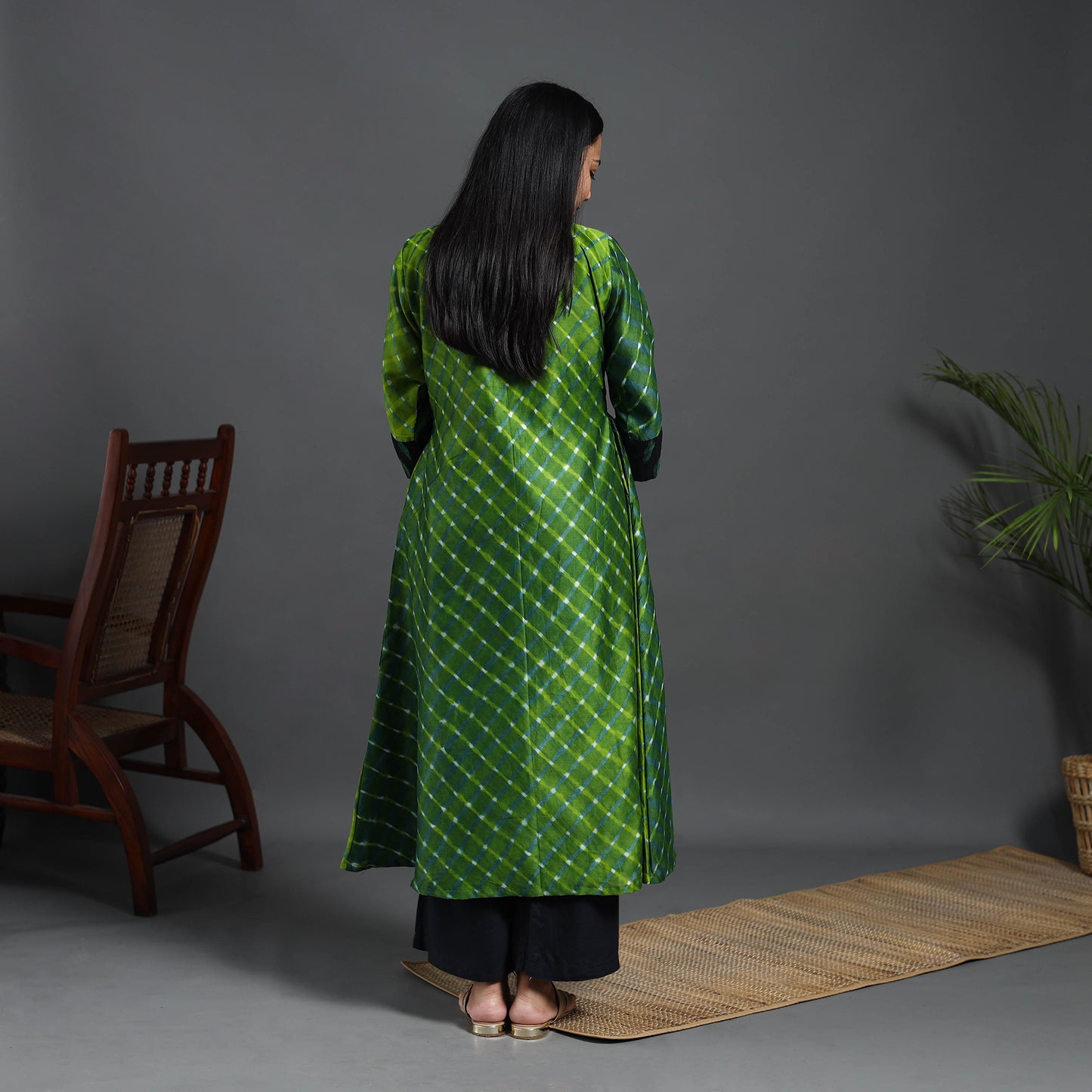 Chanderi Silk A-Line Patchwork Tie-Dye Leheriya Kurta 01