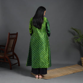 Green Chanderi Silk A-Line Patchwork Tie-Dye Leheriya Kurta for Women