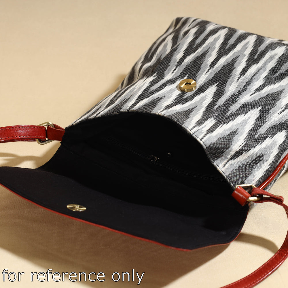 Black - Handcrafted Ikat Fabric Sling Bag with Embossed Leather Flap