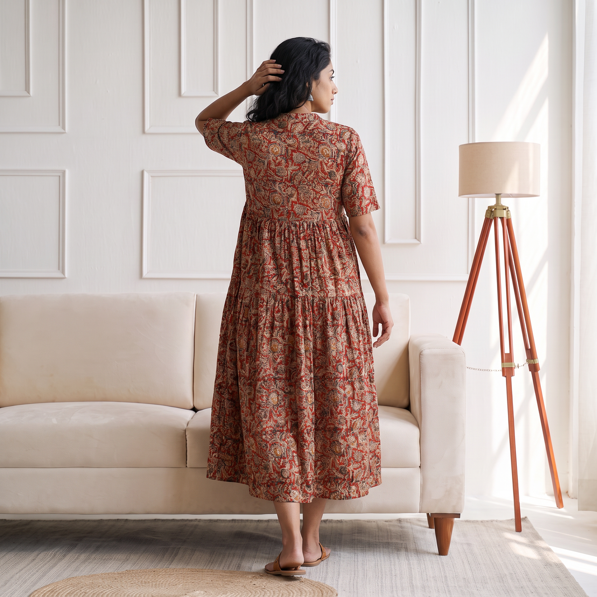 Pedana Kalamkari Hand Block Print Cotton Flared Long Dress for Women 06