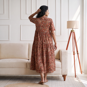 Pedana Kalamkari Hand Block Print Cotton Flared Long Dress for Women 06