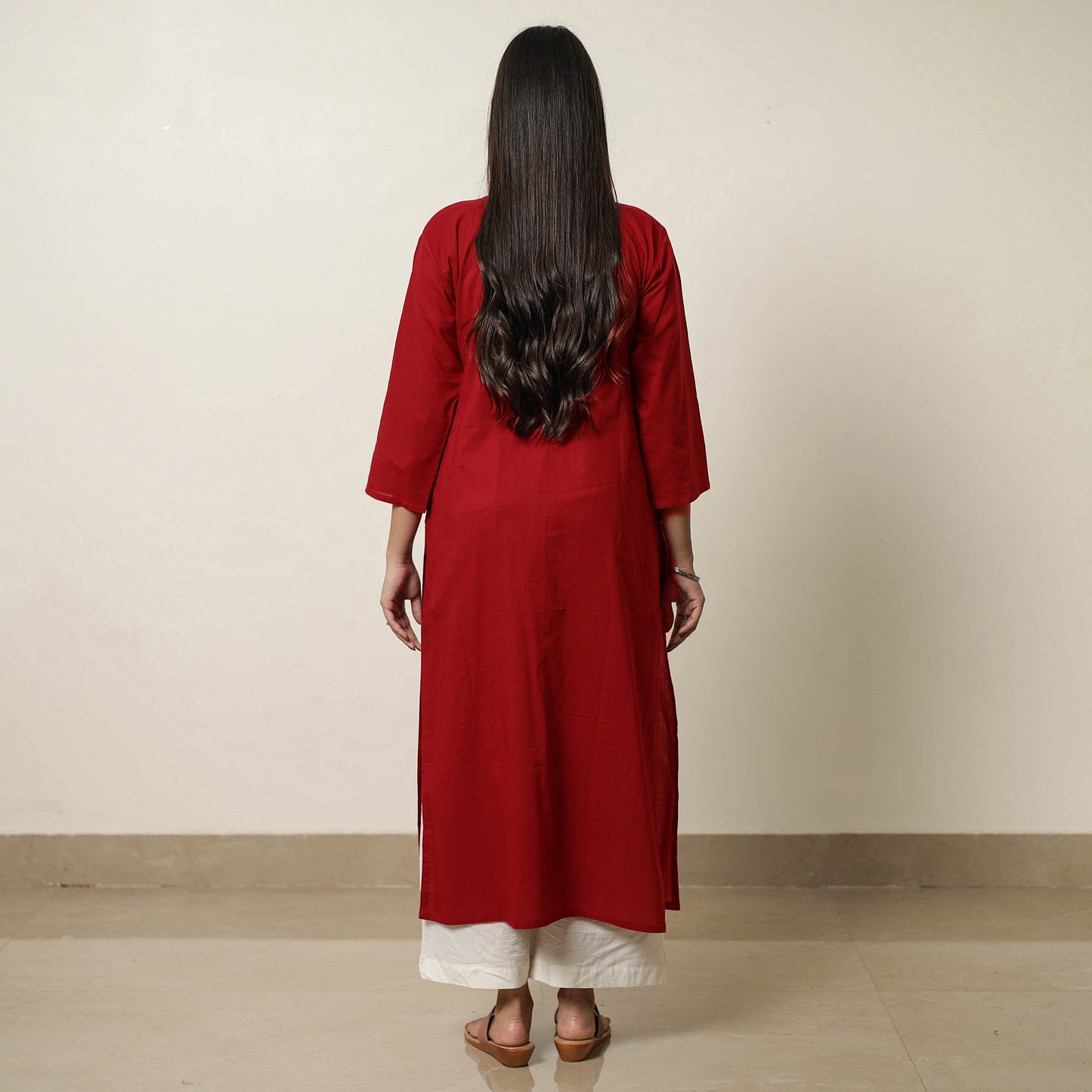 Maroon - Plain Cotton Pintuck Long Kurta 27