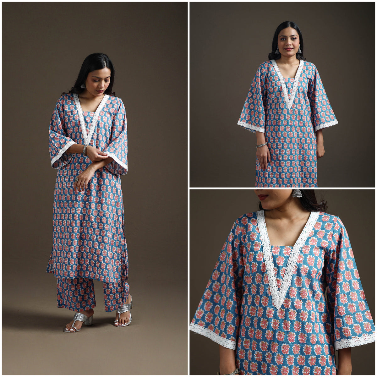 Blue - floral sanganeri print cotton lace work straight