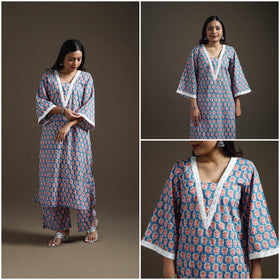 Blue - floral sanganeri print cotton lace work straight