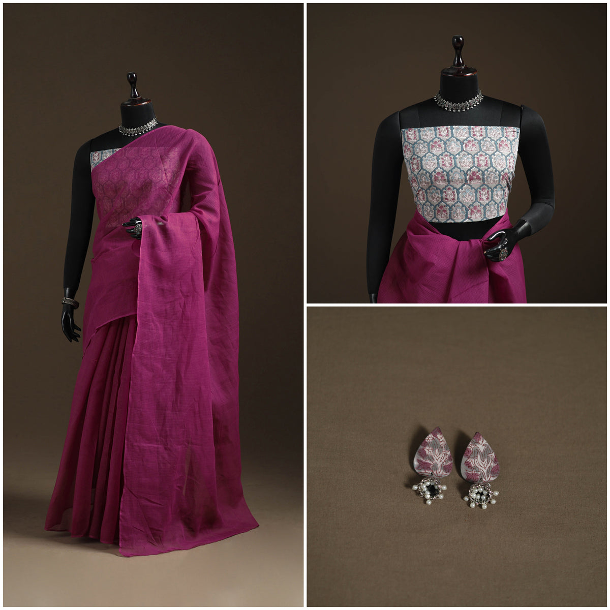 Nazaakat Kota Doria Cotton Plain Saree with Blouse Piece & Earrings 25