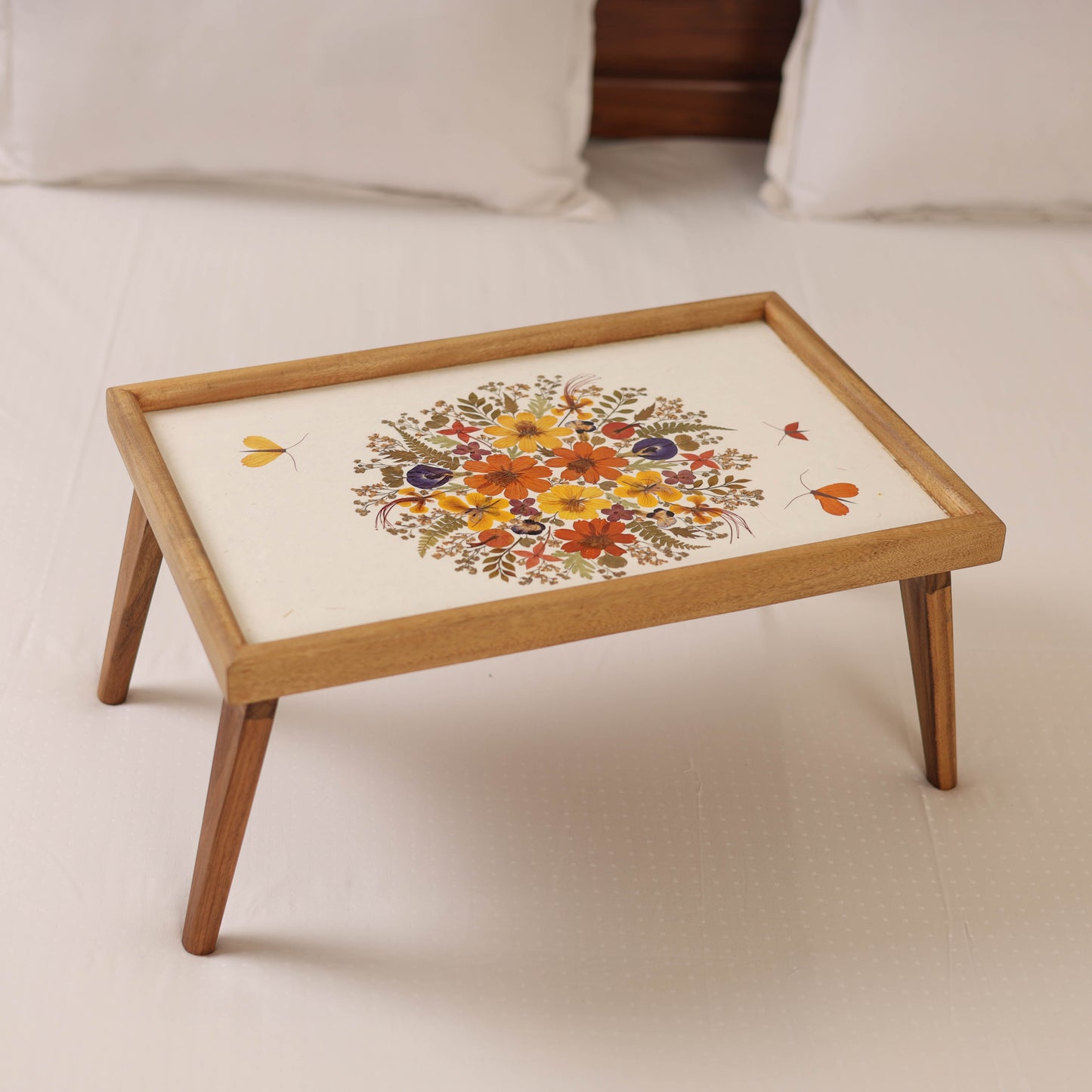 Flower Art Work Wooden Breakfast Table with Folding Legs (14 x 21 x 10 in)