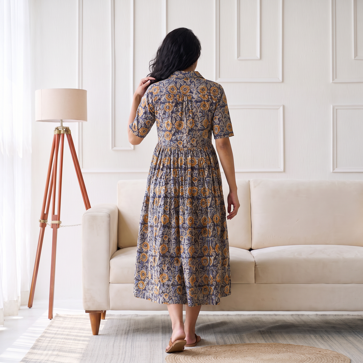 Pedana Kalamkari Hand Block Print Cotton Flared Long Dress for Women 05