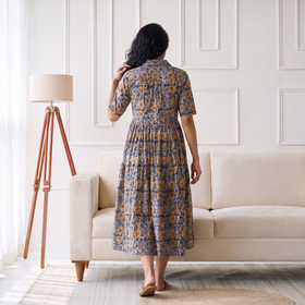 Pedana Kalamkari Hand Block Print Cotton Flared Long Dress for Women 05