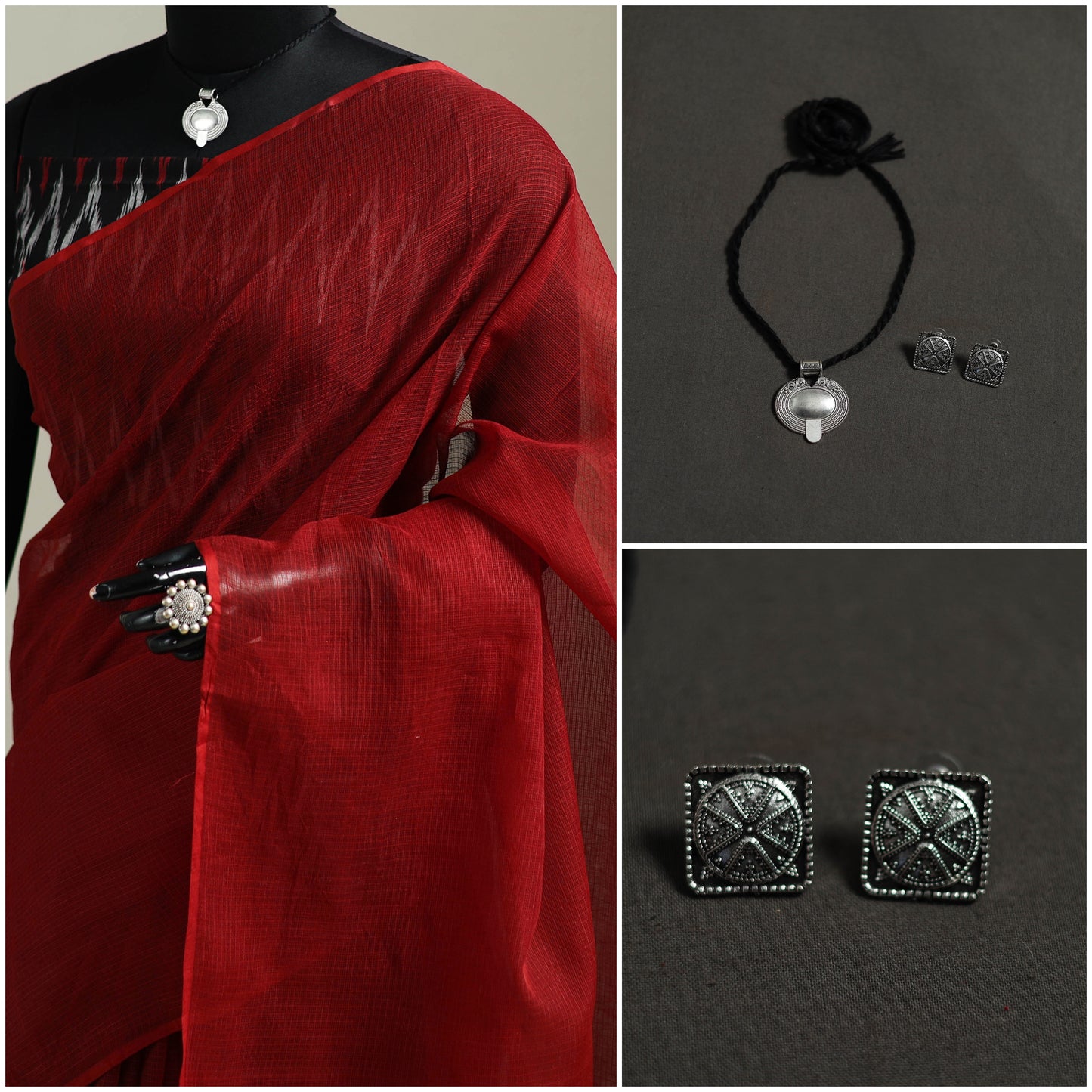 Red - Nazaakat Kota Doria Cotton Plain Saree with Blouse & Jewellery Set 190