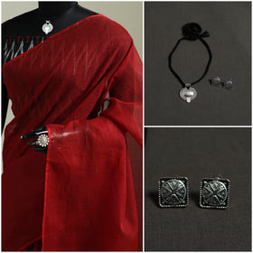 Red - Nazaakat Kota Doria Cotton Plain Saree with Blouse & Jewellery Set 190