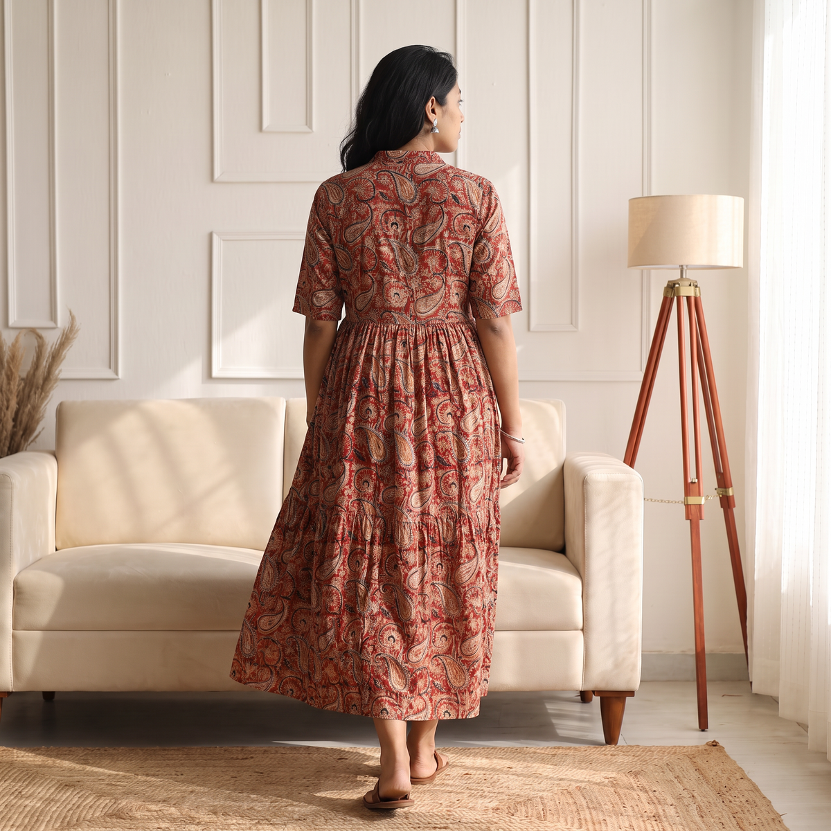 Pedana Kalamkari Hand Block Print Cotton Flared Long Dress for Women 01