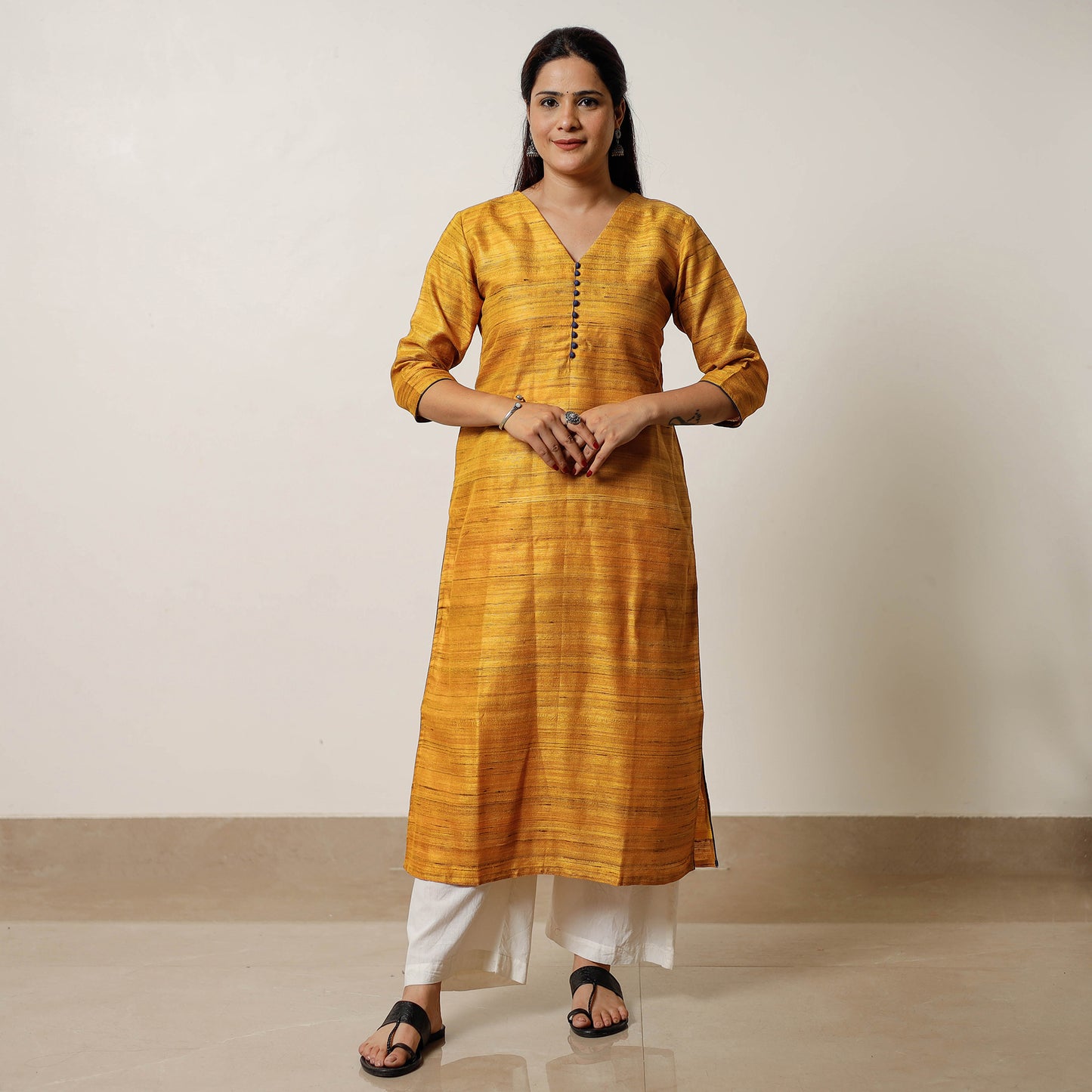 Yellow - Bhagalpuri Handwoven Desi Tussar Silk Long Straight Kurta