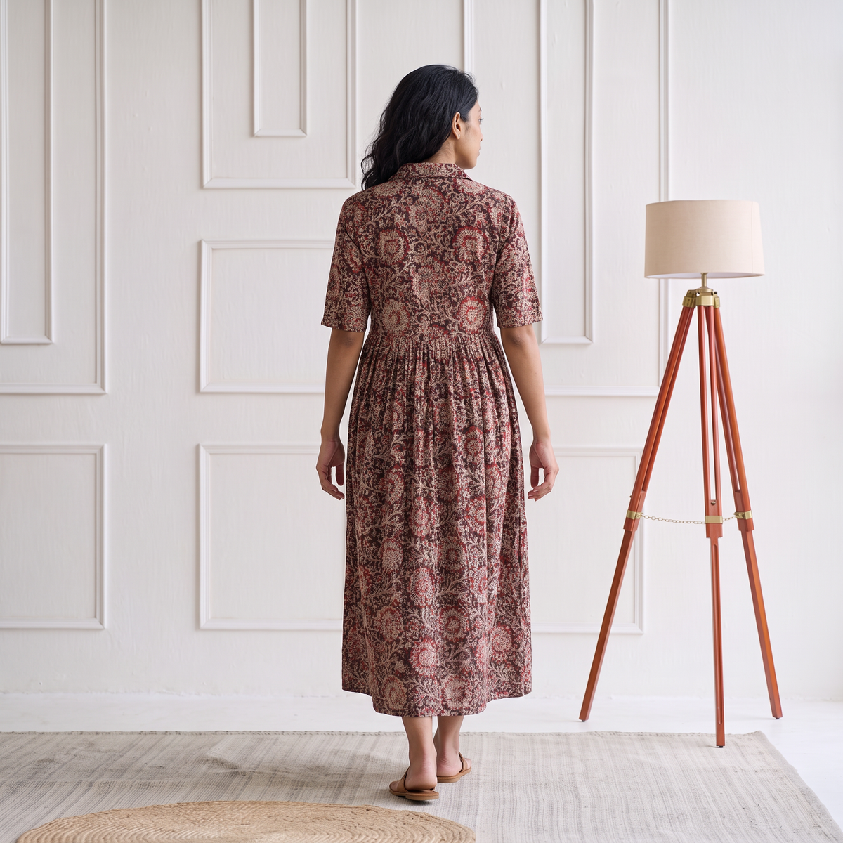 Pedana Kalamkari Hand Block Print Cotton Flared Long Dress for Women 04