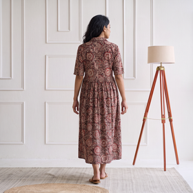 Pedana Kalamkari Hand Block Print Cotton Flared Long Dress for Women 04
