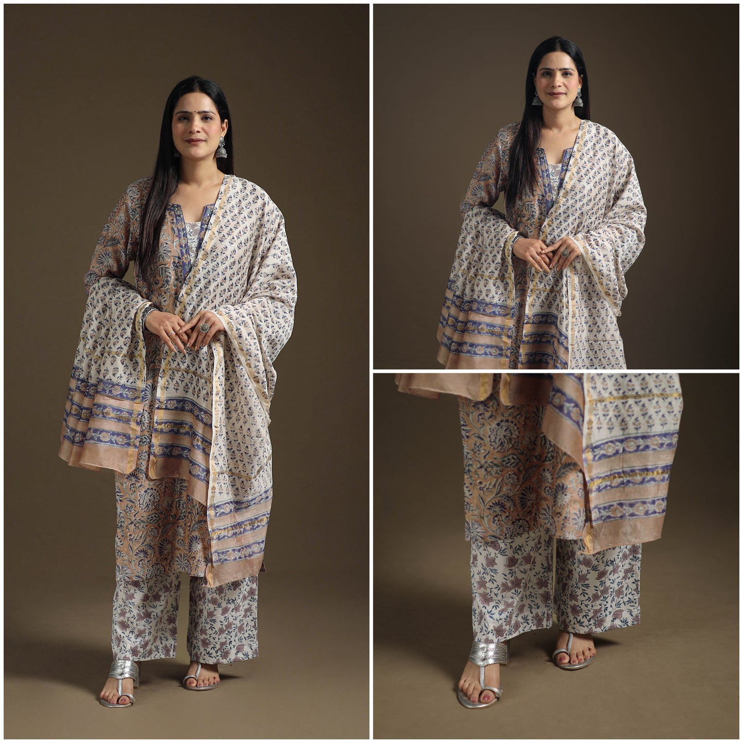 Sequin Work Sanganeri Hand Block Print Chanderi Silk Suit Set with Dupatta for Women 12