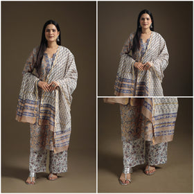 Sequin Work Sanganeri Hand Block Print Chanderi Silk Suit Set with Dupatta for Women 12