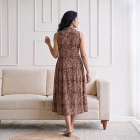 Pedana Kalamkari Hand Block Print Cotton Sleeveless Buttoned Down Long Dress for Women 19