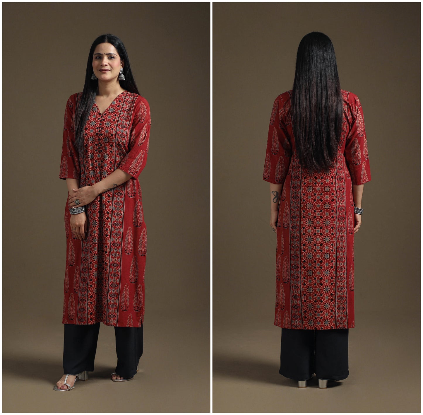 Hand Block Print Cotton Straight Long Ajrakh Kurta for Women 05