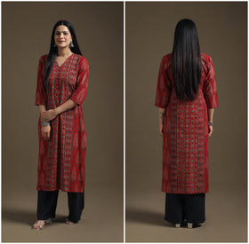 Hand Block Print Cotton Straight Long Ajrakh Kurta for Women 05