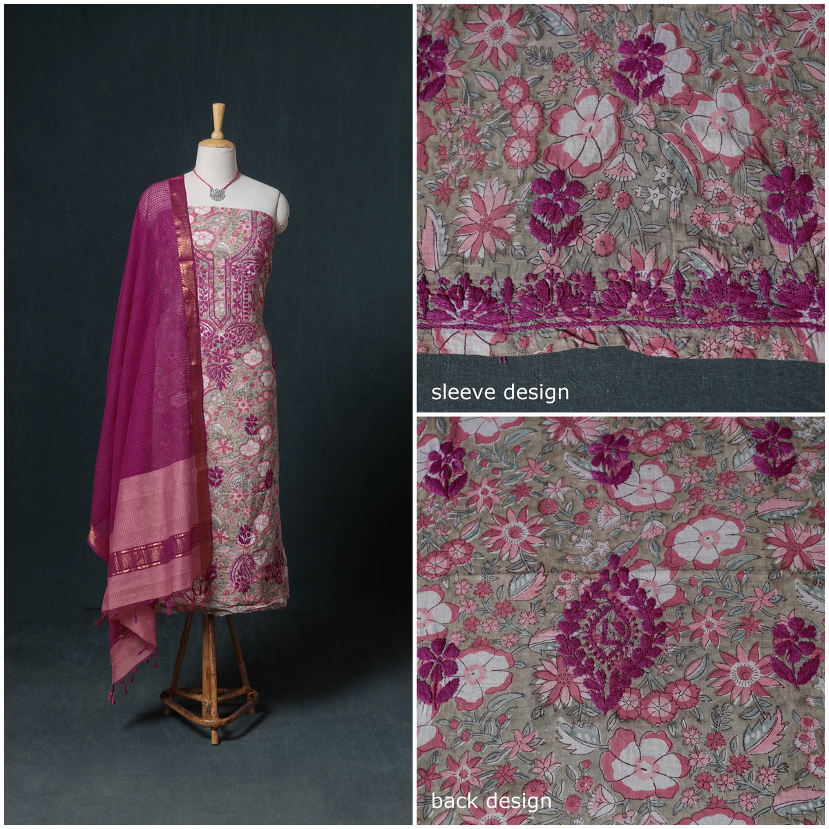 Lucknowi Chikankari Hand Work Unstitched Dress Material: Kurta & Dupatta with Jewellery 03