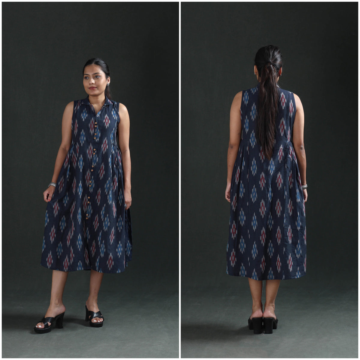 Pochampally Ikat Cotton Sleeveless Buttoned Down Long Dress for Women 15