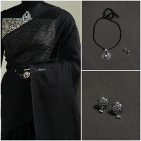 Black - Nazaakat Kota Doria Cotton Plain Saree with Blouse & Jewellery Set 04