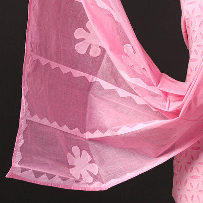 Pink - 3pc Barmer Applique Cut Work Cotton Suit Material Set 04