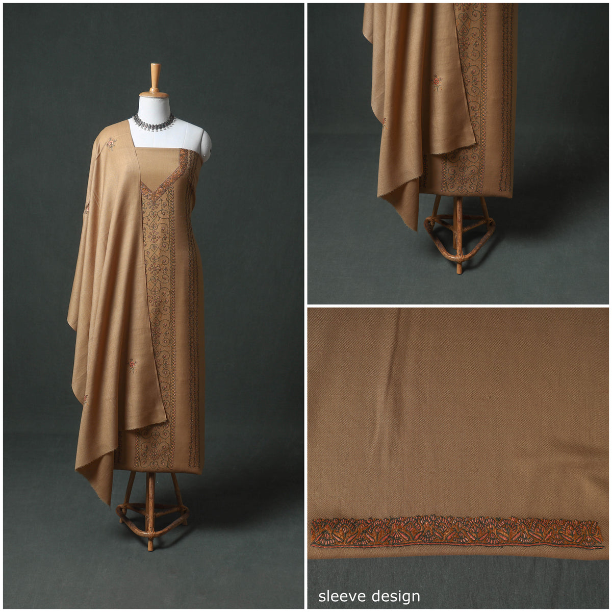 Kashmiri Sozni Hand Embroidered Pure Merino Wool Unstitched Dress Material: Kurta, Bottom with Dupatta 03