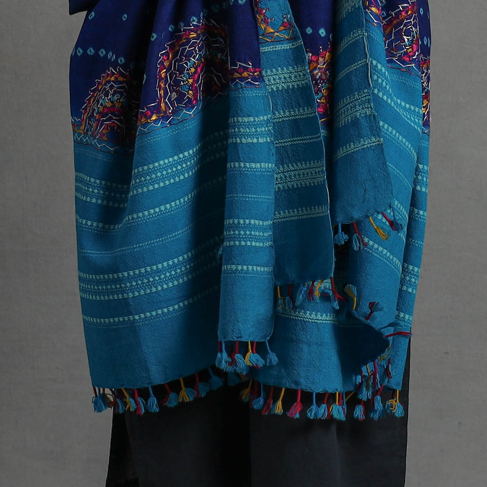 Blue - Handwoven Merino Wool Bandhani Shawl w/ Neran Embroidery 28