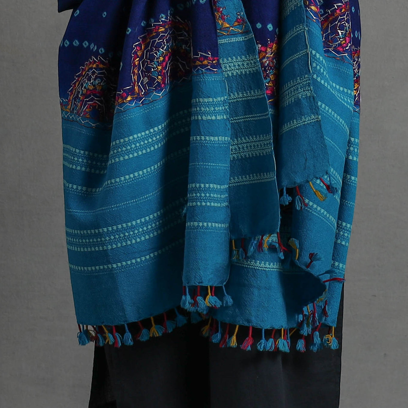 Blue - Handwoven Merino Wool Bandhani Shawl w/ Neran Embroidery 28