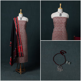 Floral Sanganeri Block Print Cotton Unstitched Dress Material: Kurta, Bottom & Dupatta with Jewellery 04