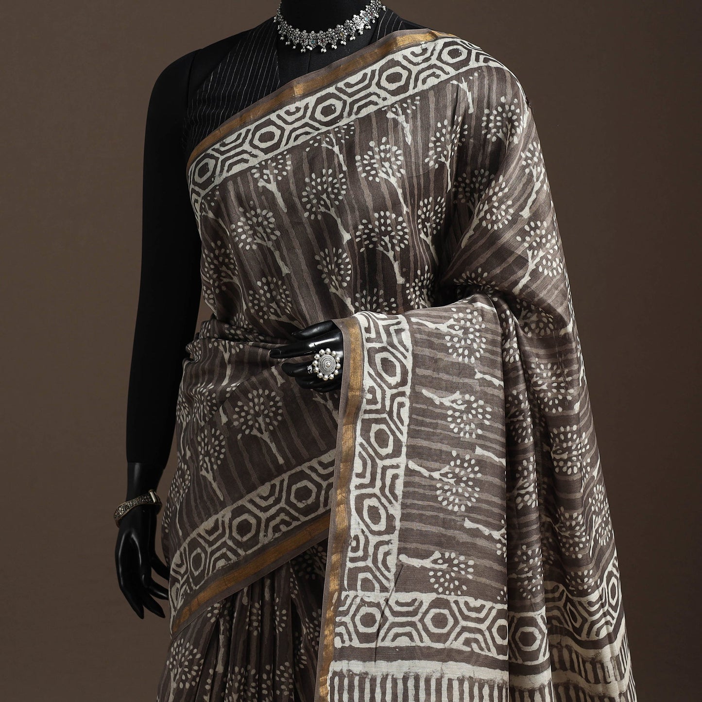 Brown - Chanderi Silk Hand Block Print Bagru Saree with Zari Border 19