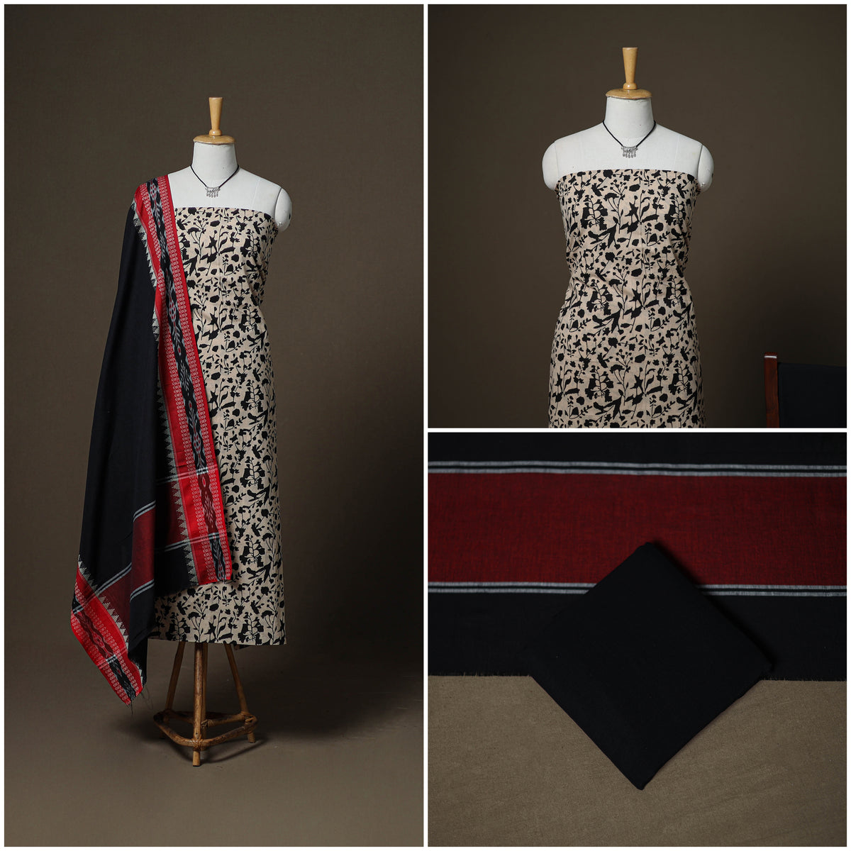 Sanganeri Block Print Cotton Unstitched Dress Material: Kurta, Bottom & Dupatta with Jewellery 50