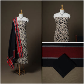 Sanganeri Block Print Cotton Unstitched Dress Material: Kurta, Bottom & Dupatta with Jewellery 50