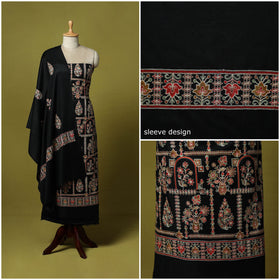 Black - 3pc Chain Stitch Aari Embroidered Merino Wool Unstitched Dress Material 59