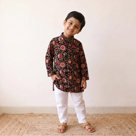 Black - kids pure cotton kurta in bagru block prints (3-4