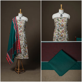 Sanganeri Block Print Cotton Unstitched Dress Material: Kurta, Bottom & Dupatta with Jewellery 51