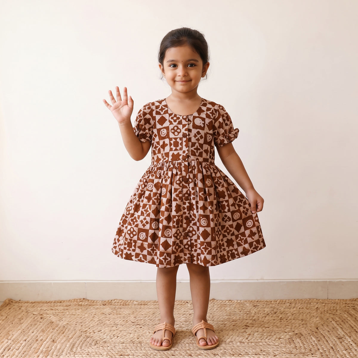 Brown - pure cotton girls frock dress in batik block prints