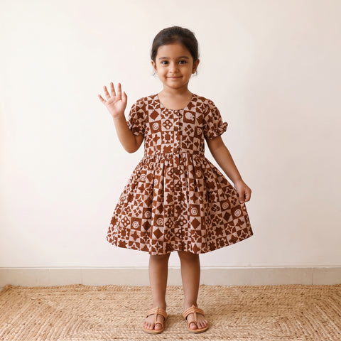 Brown - Pure Cotton Girls Frock Dress in Batik Block Prints (3-4 Years) 67