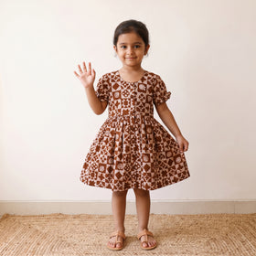 Brown - pure cotton girls frock dress in batik block prints