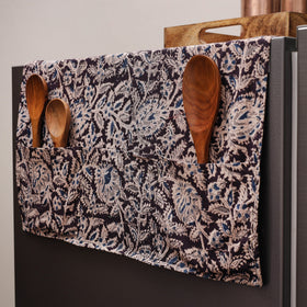 Black Kalamkari Block Printed Fridge Top Cover with Handle Cover