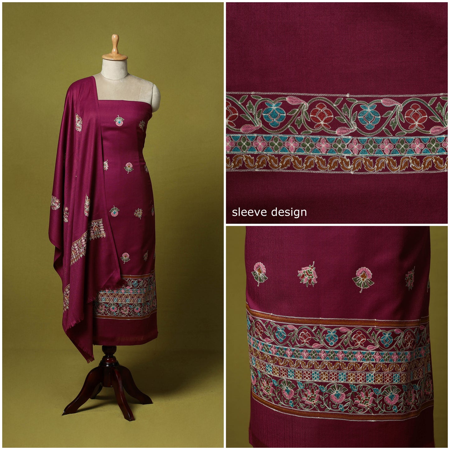 Purple - 3pc Embroidered Merino Wool Unstitched Dress Material 62