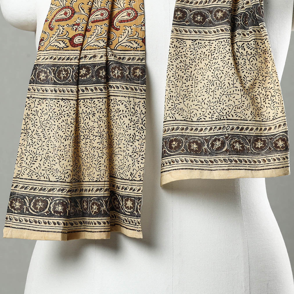 Yellow Pedana Block Print Natural Dyed Cotton Kalamkari Stole