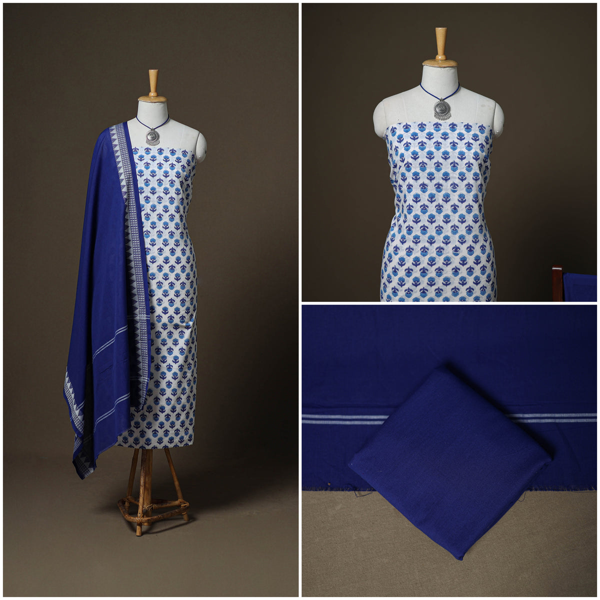Sanganeri Block Print Cotton Unstitched Dress Material: Kurta, Bottom & Dupatta with Jewellery 52