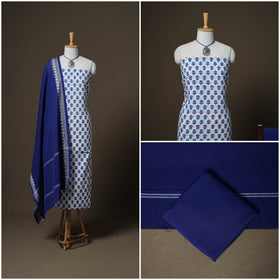 Sanganeri Block Print Cotton Unstitched Dress Material: Kurta, Bottom & Dupatta with Jewellery 52
