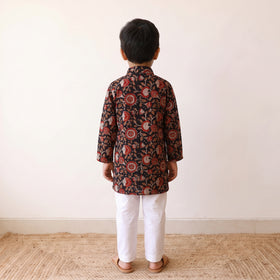 Black - kids pure cotton kurta in bagru block prints (3-4