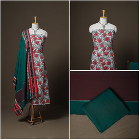 Sanganeri Block Print Cotton Unstitched Dress Material: Kurta, Bottom & Dupatta with Jewellery 53