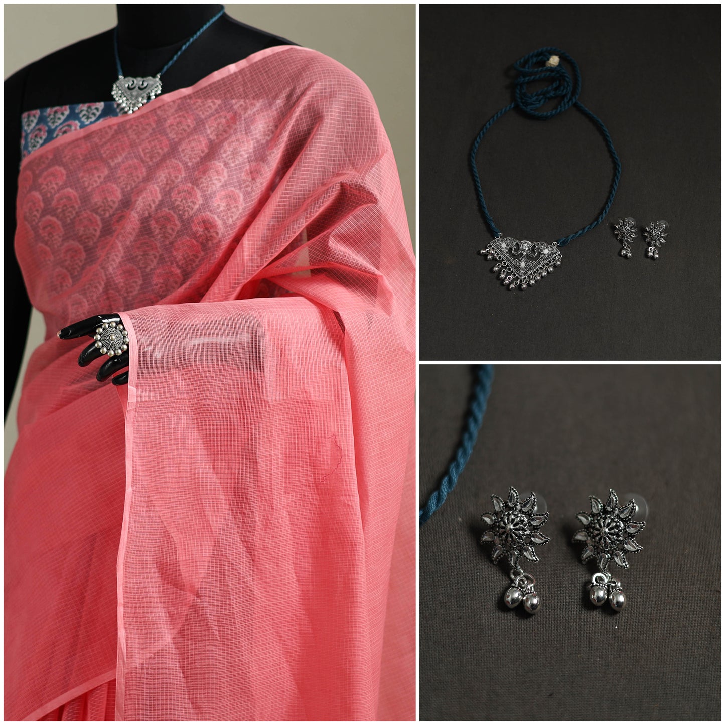 Pink - Nazaakat Kota Doria Cotton Plain Saree with Blouse & Jewellery Set 81