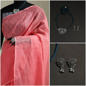 Pink - Nazaakat Kota Doria Cotton Plain Saree with Blouse & Jewellery Set 81